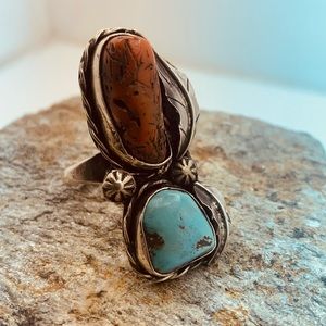 Sterling Silver Turquoise and Coral Stone Ring- Size 8